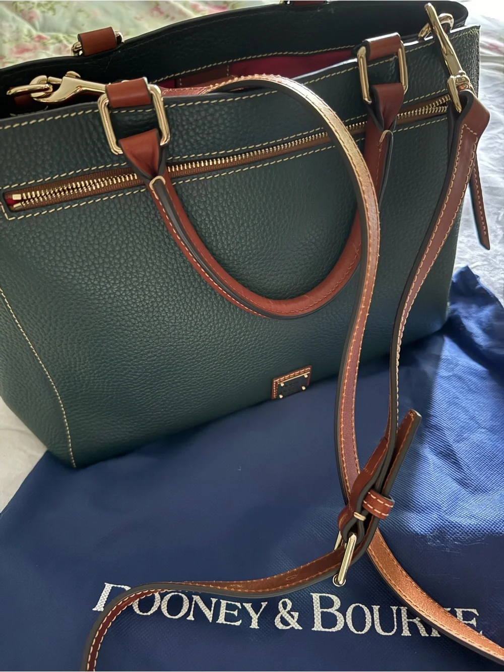 Dooney & Bourke Dark Green Pebbled Leather Satchel with Brown Trim